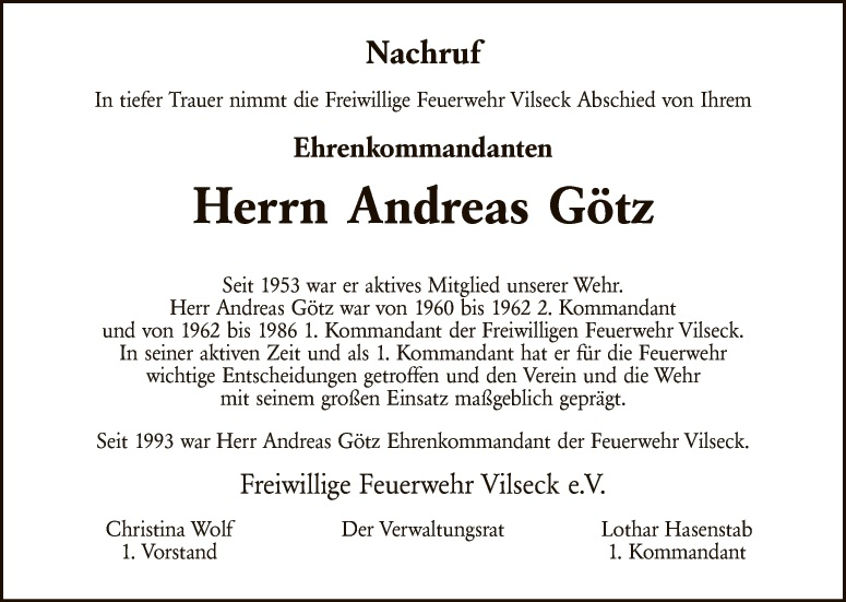 Nachruf Ehrenkommandant Andreas Götz - Verein der Feuerwehr Stadt Vilseck